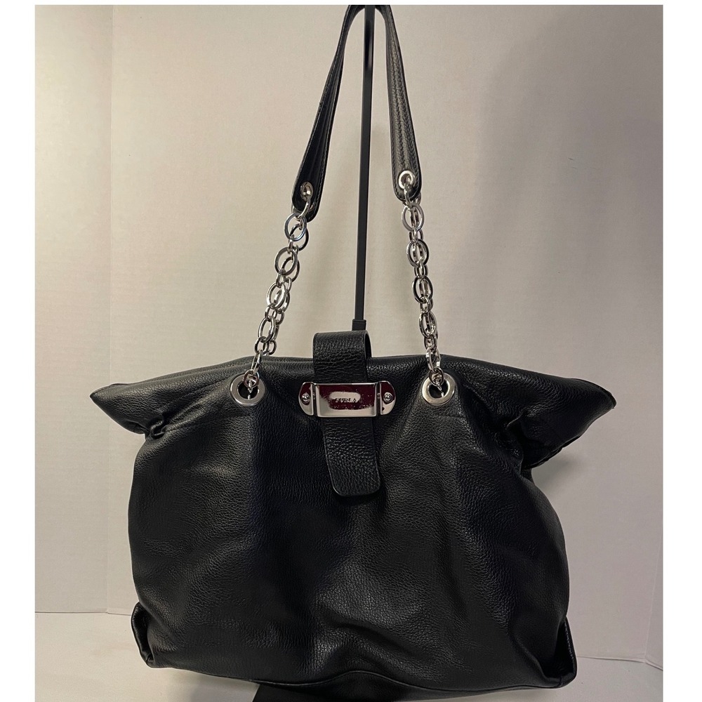 Furla Black Pebbled‎ Leather Tote Bag Silver Chain Shoulder Strap Slouchy Hobo